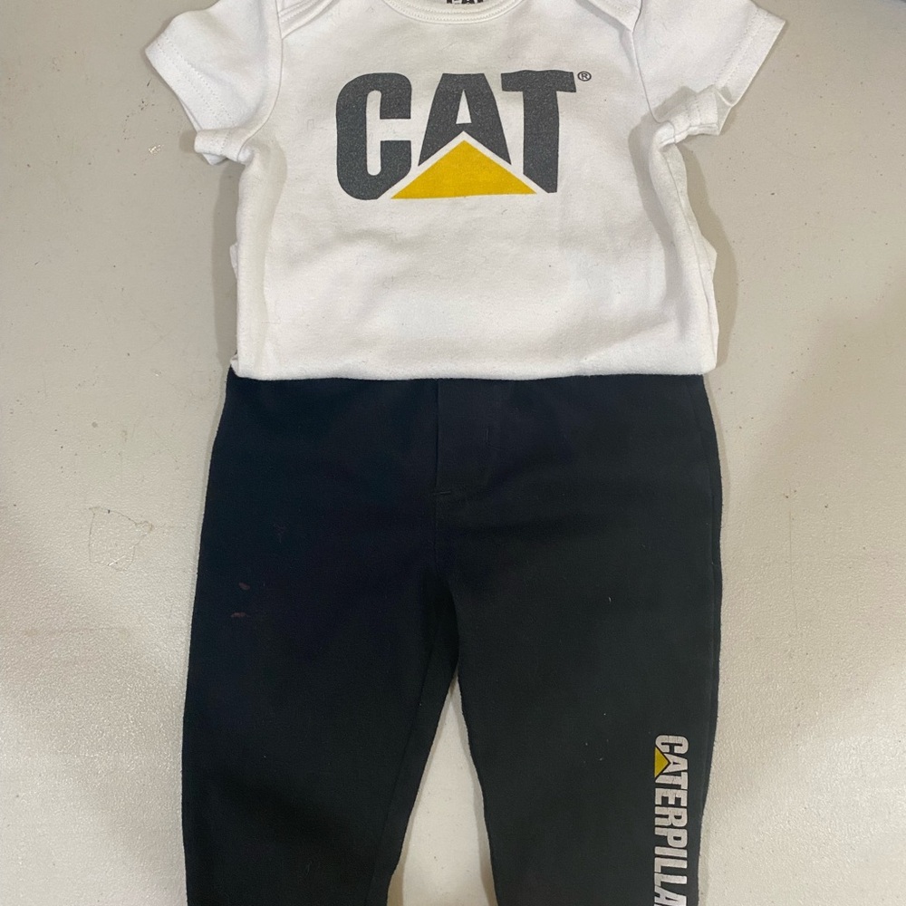 Caterpillar(CAT)2piece outfit, White Short Sleeve Onesie, Black Sweats 12 months